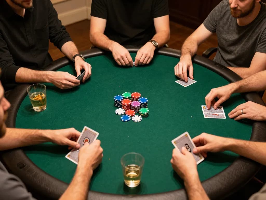 Players enjoying a home poker game with hidden wiki-themed atmosphere and vibrant chip stacks.