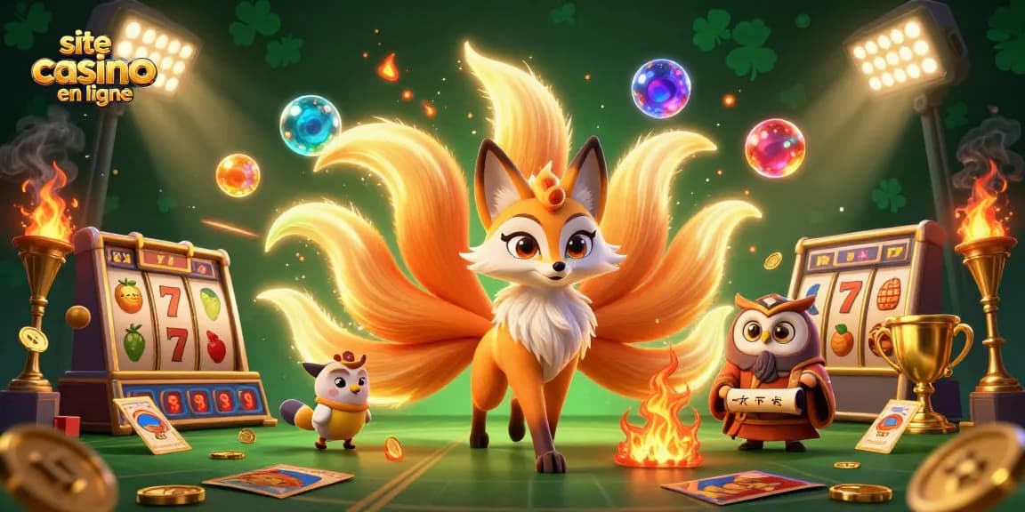 Illustration dynamique d'un site casino en ligne avec un renard à neuf queues et des éléments de machines à sous.
