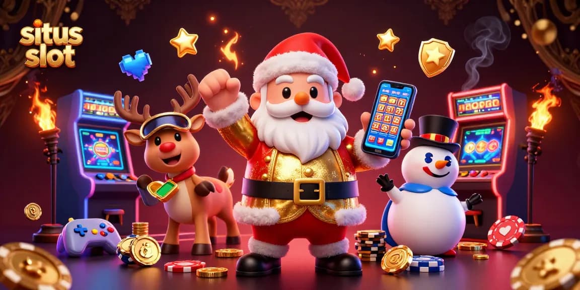 Cheerful Santa celebrating big wins at situs slot with colorful reels and dynamic gaming elements