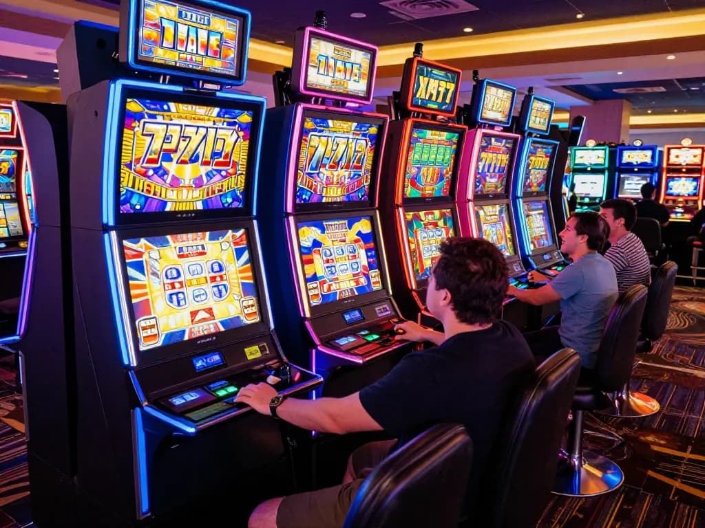 Players enjoying intense action at slot777 machines in a vibrant casino, colorful lights enhancing the excitement.