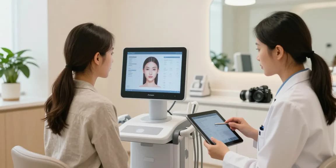 ClinicEvo vs QOVES facial analysis session, showcasing digital metrics in a modern clinic environment.