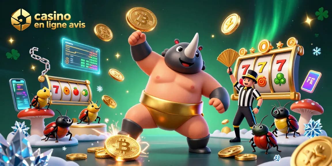 Avis sur les casinos en ligne : illustration dynamique avec des personnages de casino et éléments de gains.