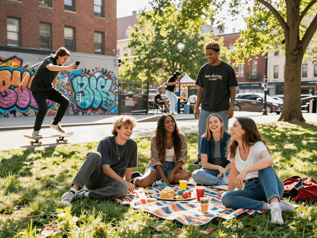 Youthful friends enjoying a sunny day in the park, capturing how old do I look moments that celebrate joy and friendship.