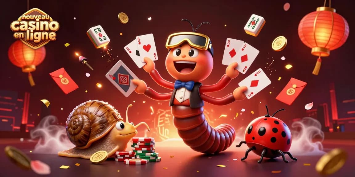 Admirez le nouveau casino en ligne avec un mille-pattes dealer, des jetons brillants et des cartes flottantes.