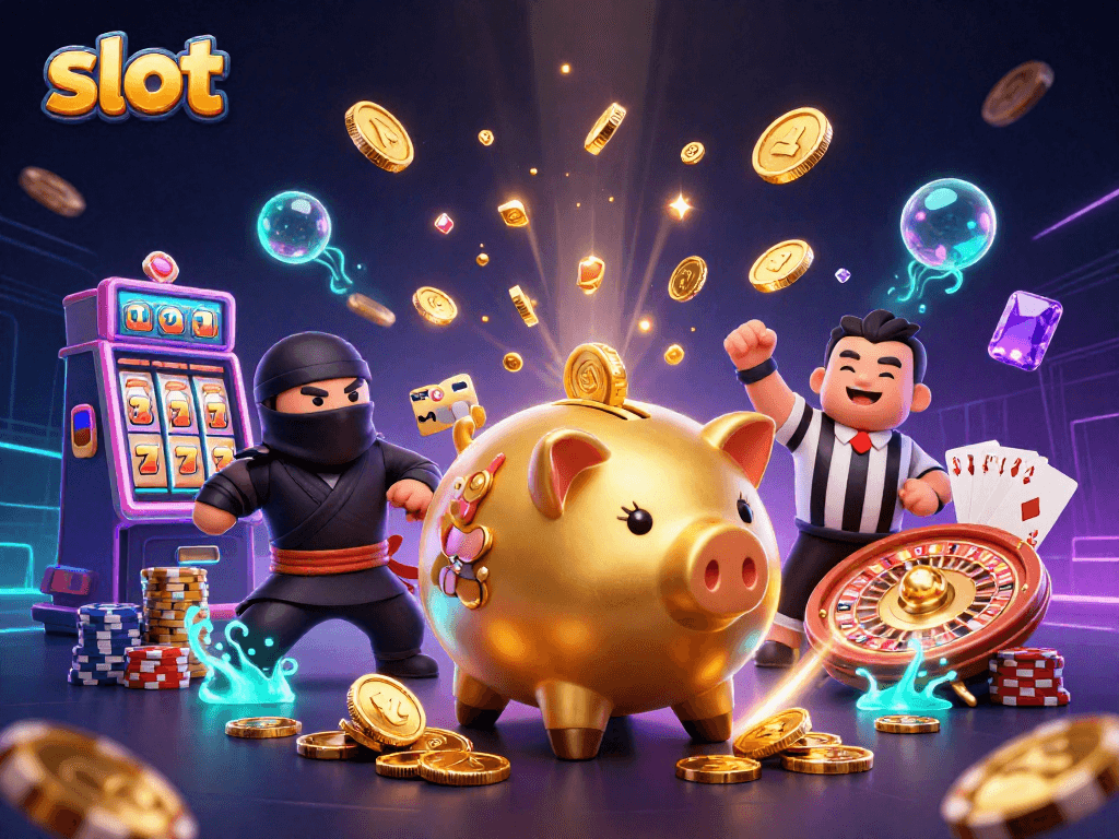 Menang besar dengan slot, ilustrasi 3D koin jatuh dari pemenang celengan.