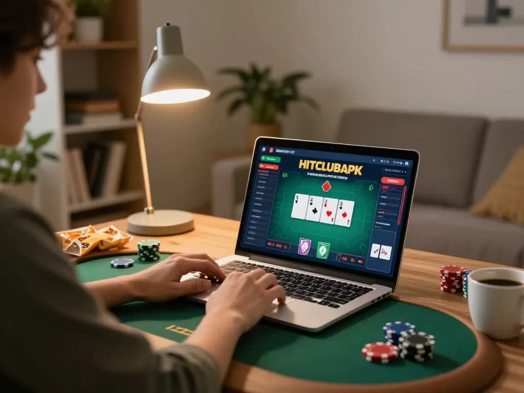 Player engaging in poker on hitclubapk with a laptop, warm home lighting, and an inviting atmosphere