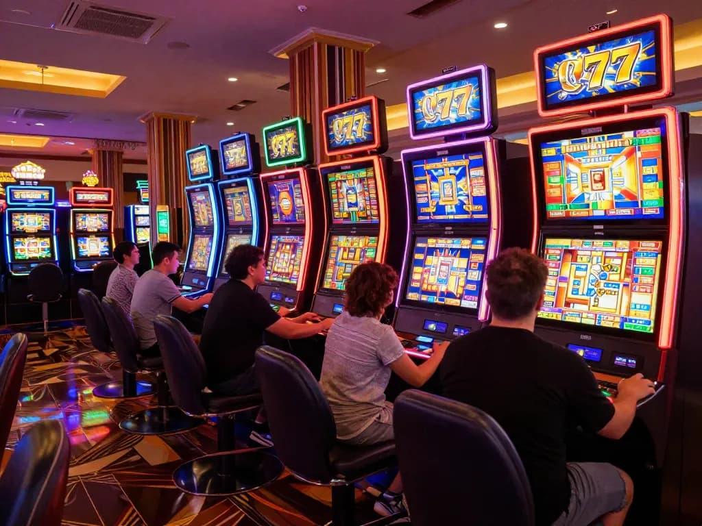 Engaging players enjoying the exciting slot77 machines in a vibrant casino scene.