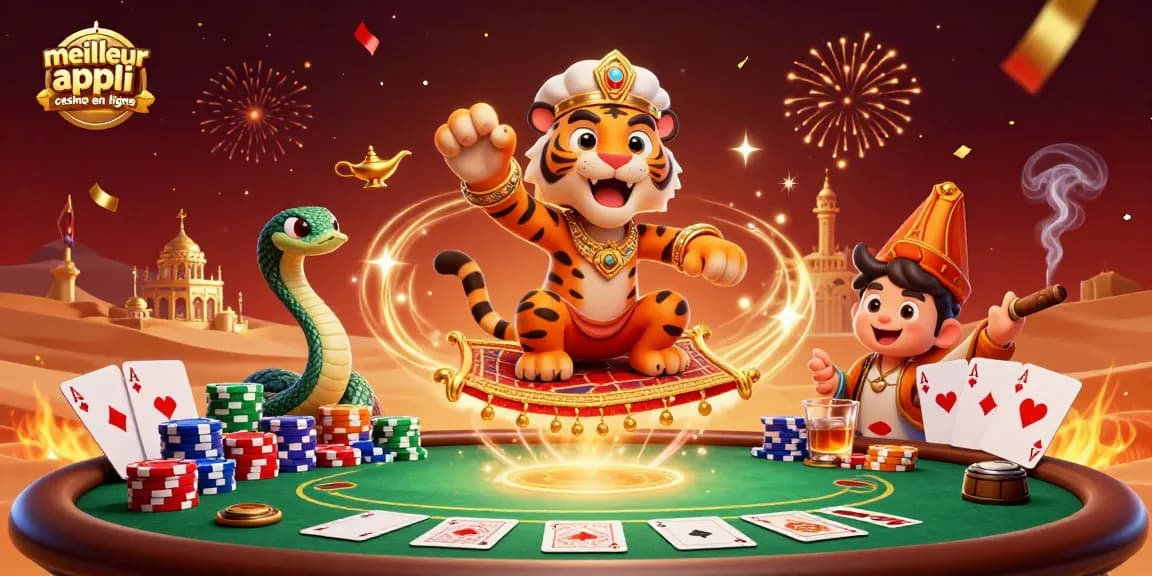 Vivez l'excitation avec la meilleure appli casino en ligne, représentant un sultan et un génie dans une scène de casino éclatante.