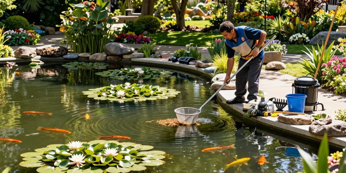 Pond Cleaning Essex service provider expertly maintaining a serene garden pond, showcasing vibrant water lilies and koi fish.