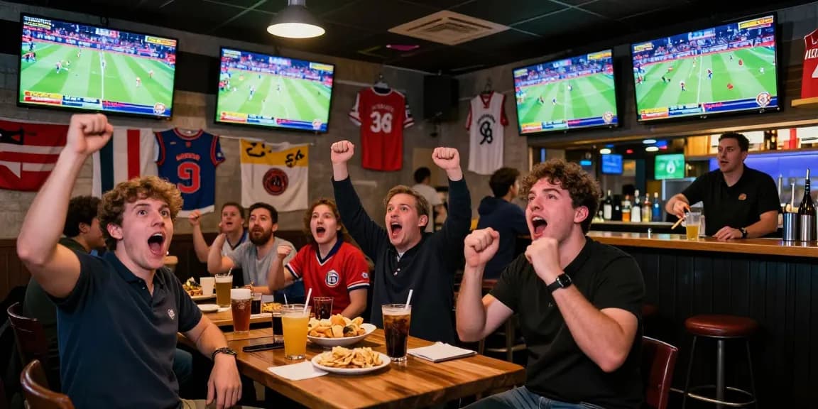 Fans enjoying koora live sports broadcasts in a lively bar atmosphere.