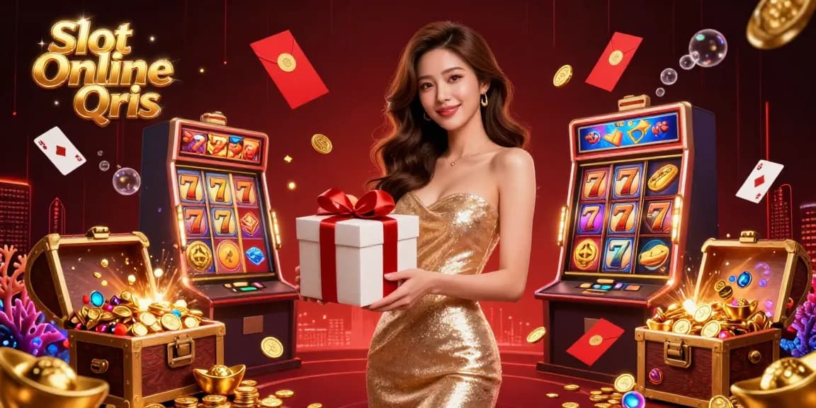 Experience the excitement of Slot Online Qris with dynamic slot reels in a festive casino illustration.