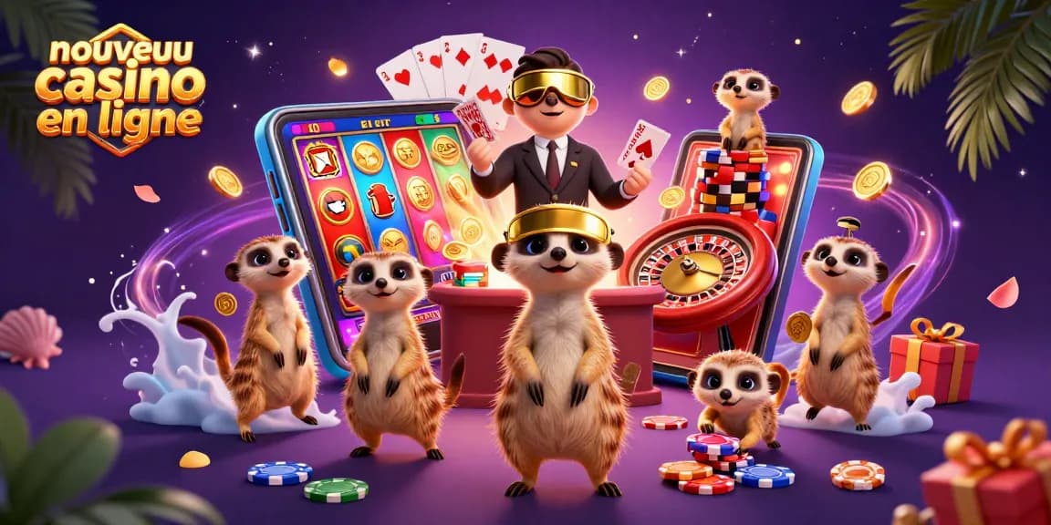 Découvrez le nouveau casino en ligne avec une colonie de suricates animant une scène de jeux vibrante.