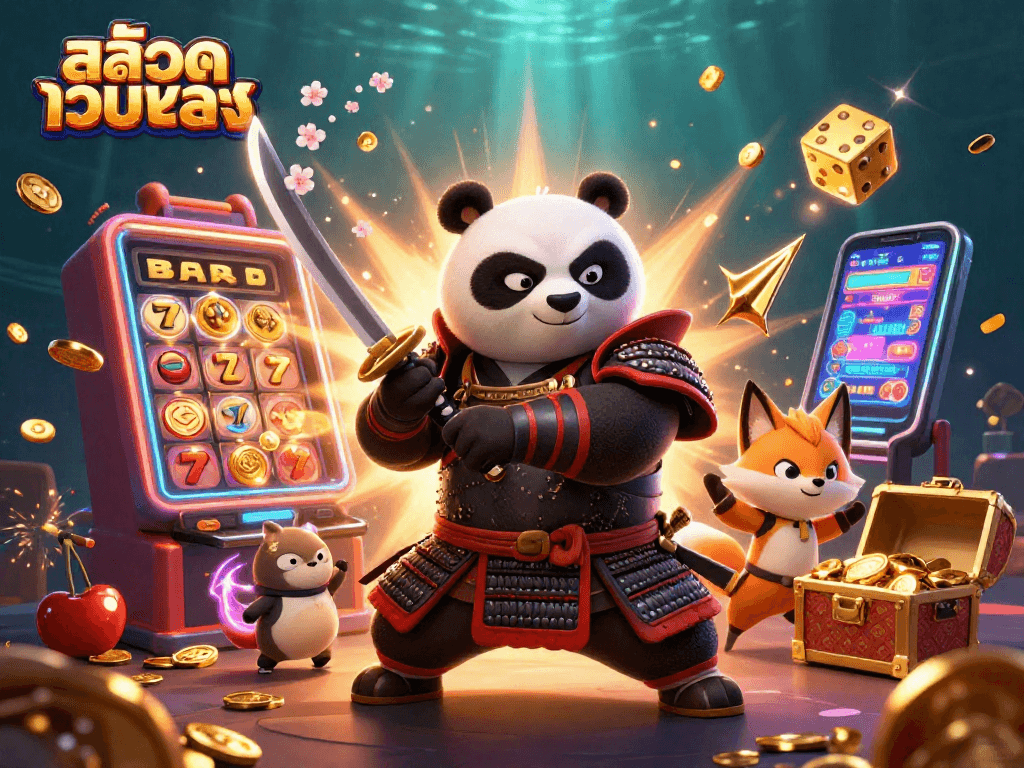 Engage with สล็อตเว็บตรง in a vibrant 3D casino scene showcasing slot machines, samurai panda, and magical elements.