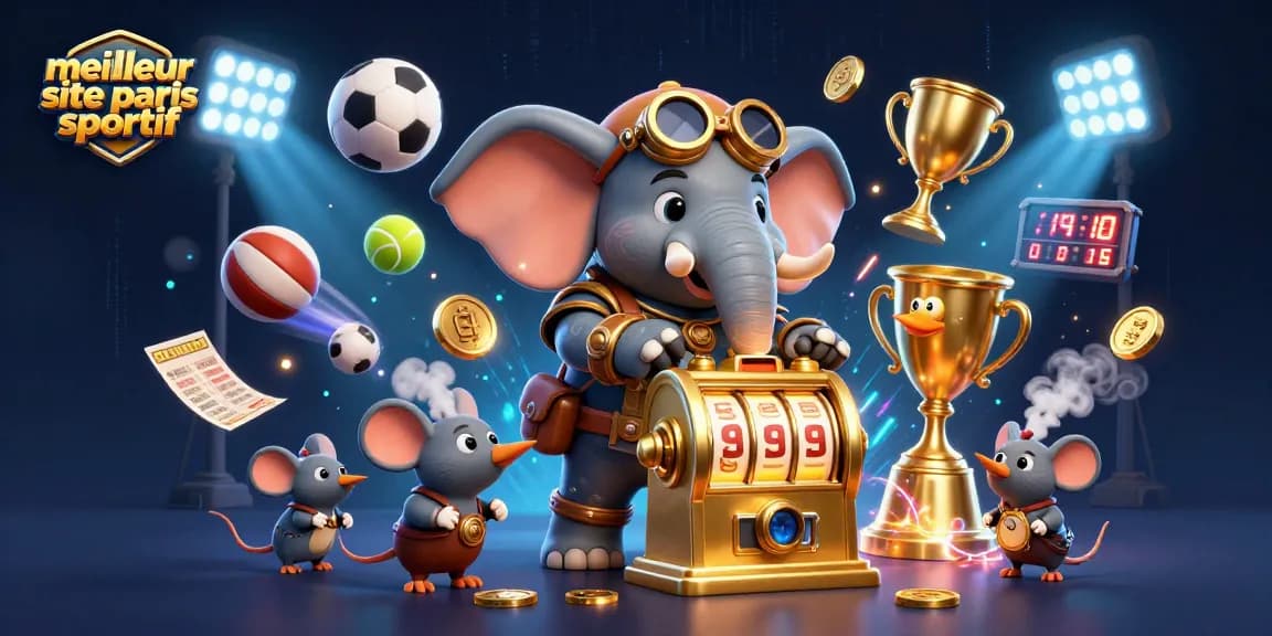 Pariez sur le meilleur site de paris sportif avec une illustration dynamique d'un éléphant ingénieur steampunk en action.