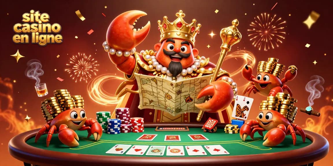 Illustration de l'empereur crabe doré sur un site de casino en ligne entouré de jetons et cartes de poker.