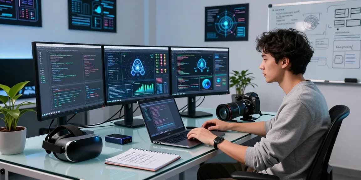AI Detection in a tech lab with a data scientist analyzing AI-generated content on ultra-wide monitors.