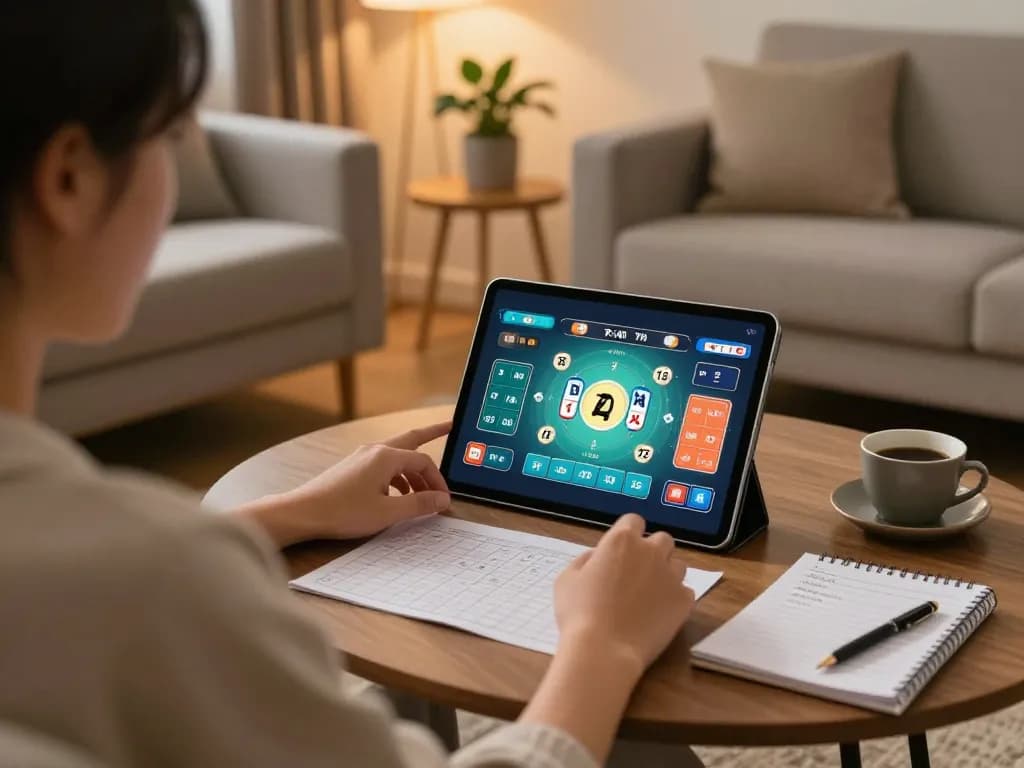 Tài xỉu online uy tín gaming experience at home with a person engaged in strategic gameplay on tablet, cozy setting with notes.