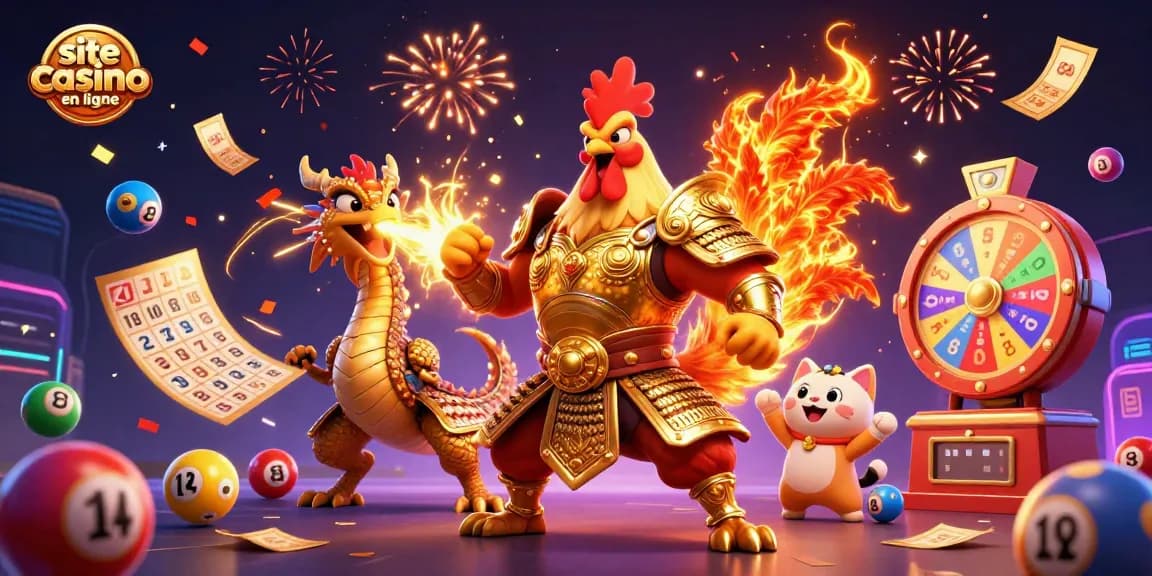 Jouer sur un site casino en ligne avec un combattant coq et un dragon, loterie et bingo animés.