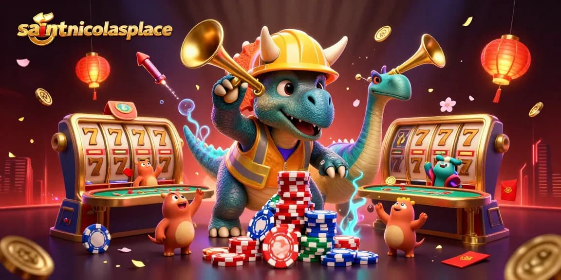 Immerse in the gaming world at saintnicolasplace with triceratops building poker chip towers in celebration.