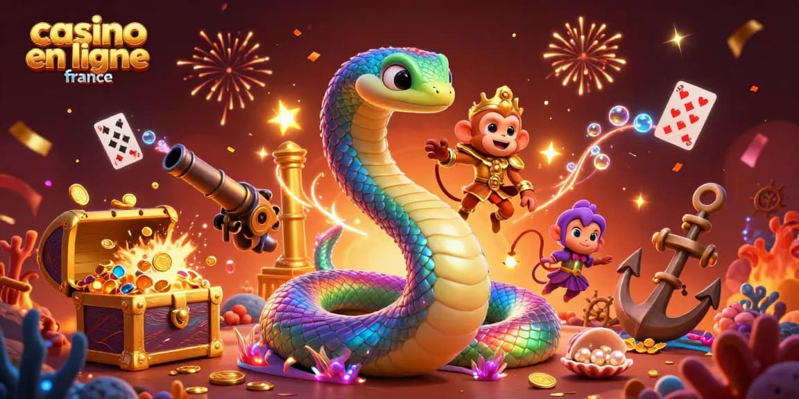 Venez découvrir le casino en ligne France avec une scène dynamique et colorée riche en éléments de jeu.