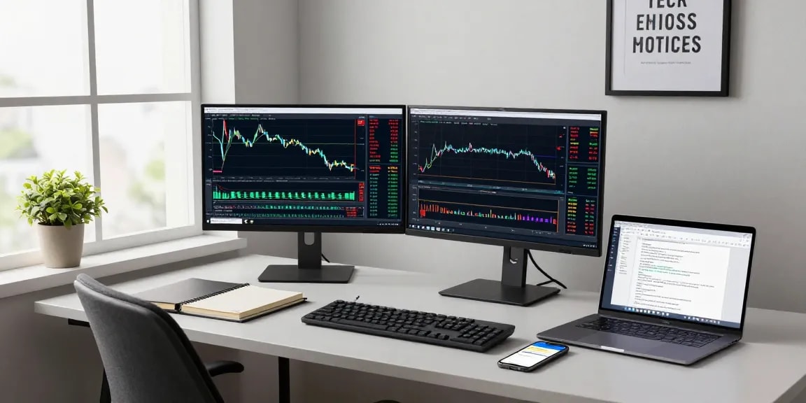 Trader using MetaTrader 5 on multiple screens in an organized workspace.