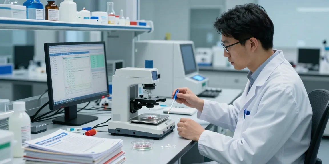 Scientist analyzing SwissChems peptide samples in a modern lab setting.