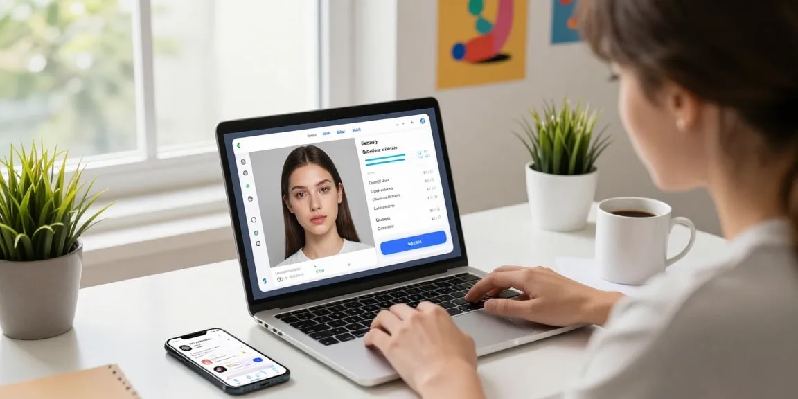 Person using an attractive test to analyze facial features and beauty scores online