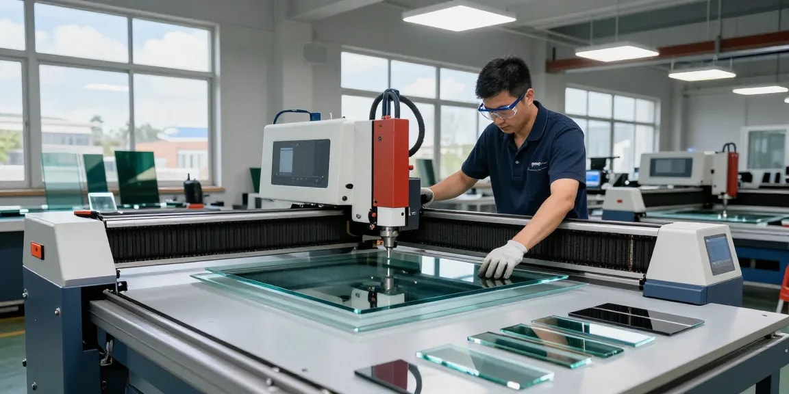 Technician operating a CNC glass cutting machine in a modern workshop for precise glass cutting processes.