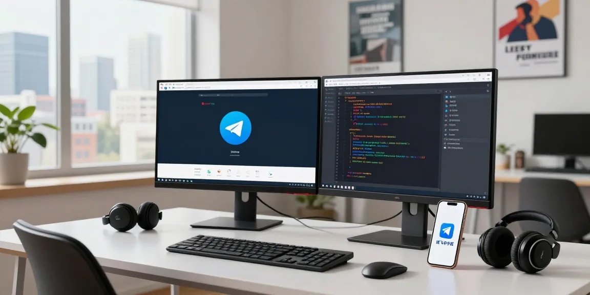 Engaged professional using 纸飞机中文版 on dual monitors in a modern tech workspace.