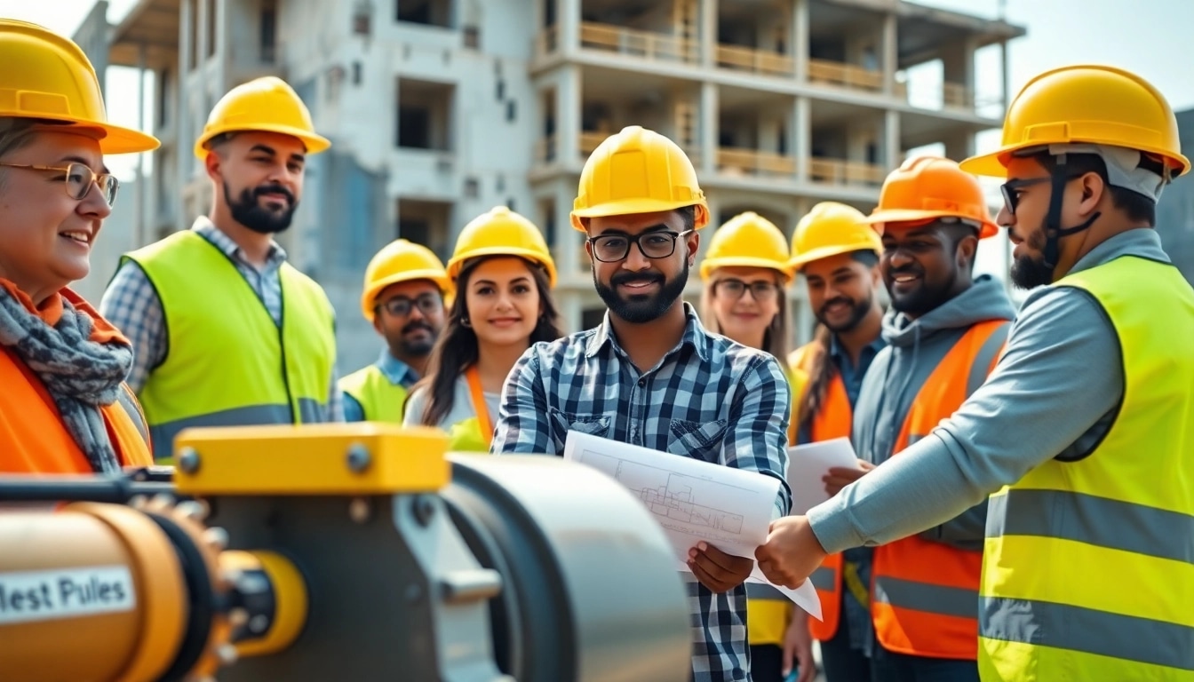 Individuals participating in construction training with hands-on equipment and safety gear outdoors.