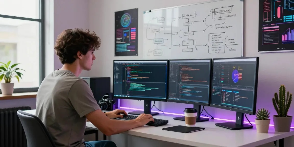 crush on ai software engineer coding in a modern workspace with vibrant atmosphere and tech interfaces