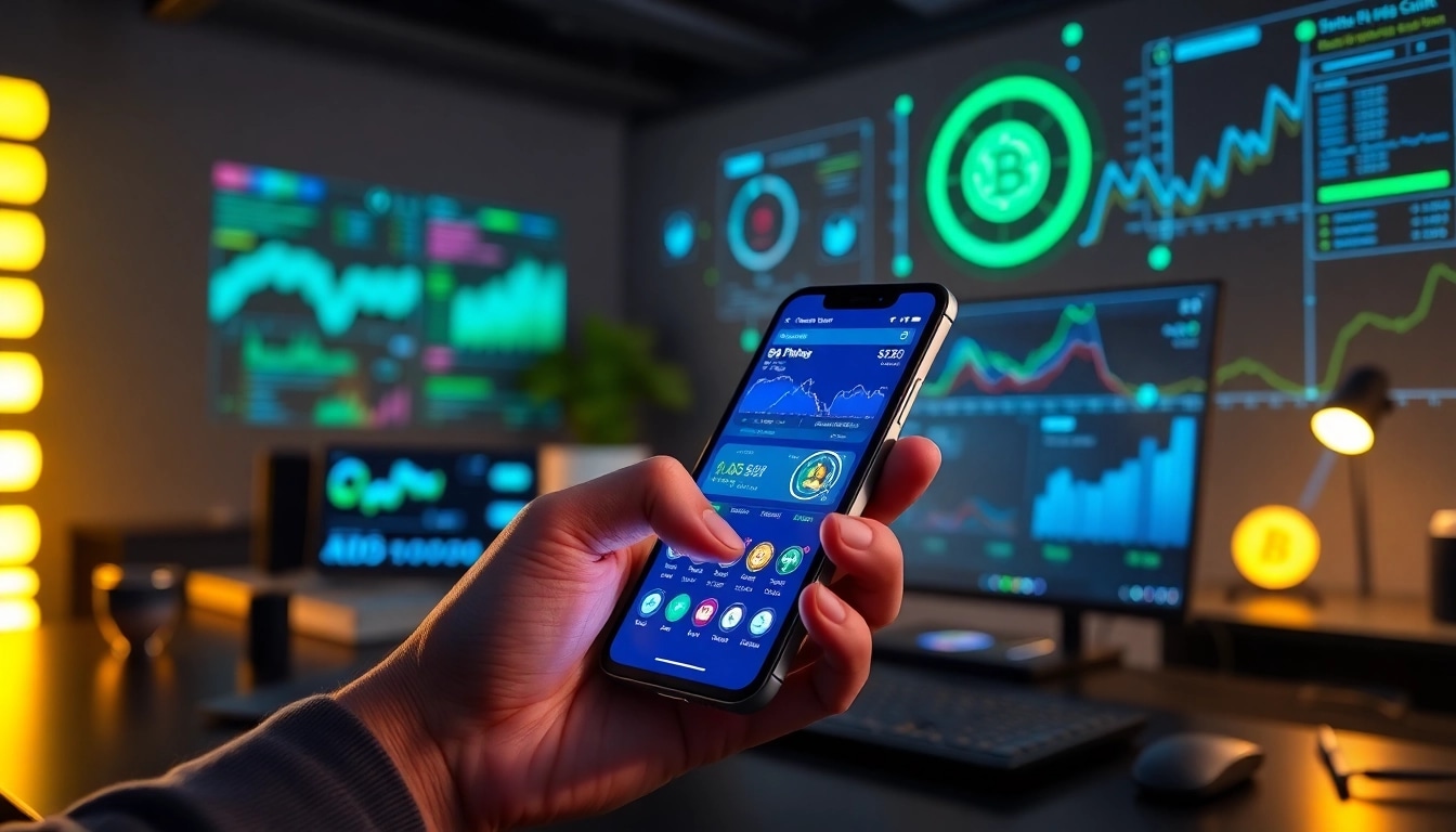 Engaging scene showcasing a user interacting with a crypto mining app in a modern workspace.