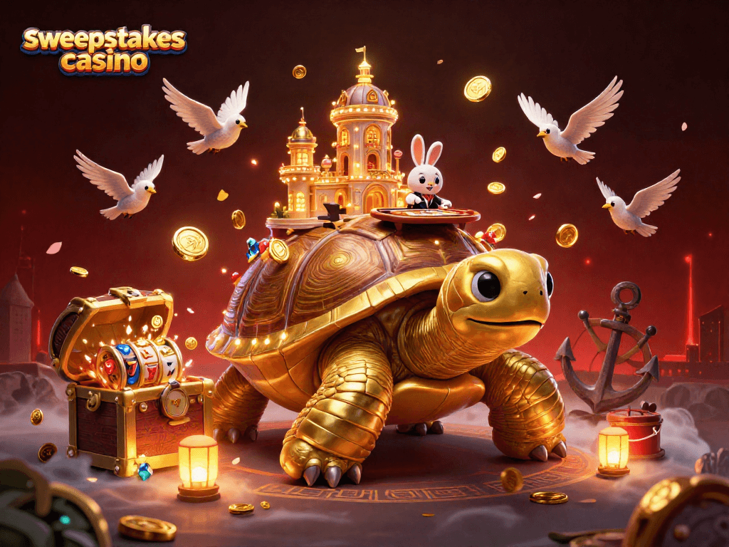 Experience the excitement of sweepstakes casino with animated golden tortoise and lively game elements.