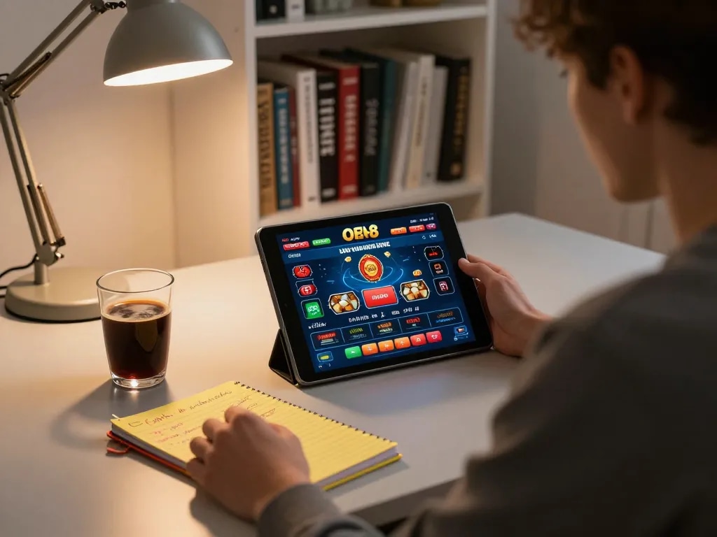 Player enjoying the open88 online casino experience on a tablet in a modern home office.