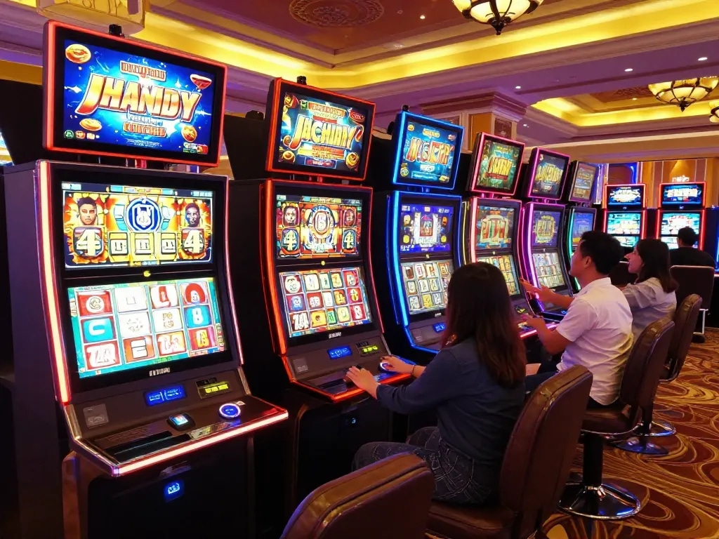 Players enjoying colorful slot machines in an exciting situs slot gacor area at an upscale casino