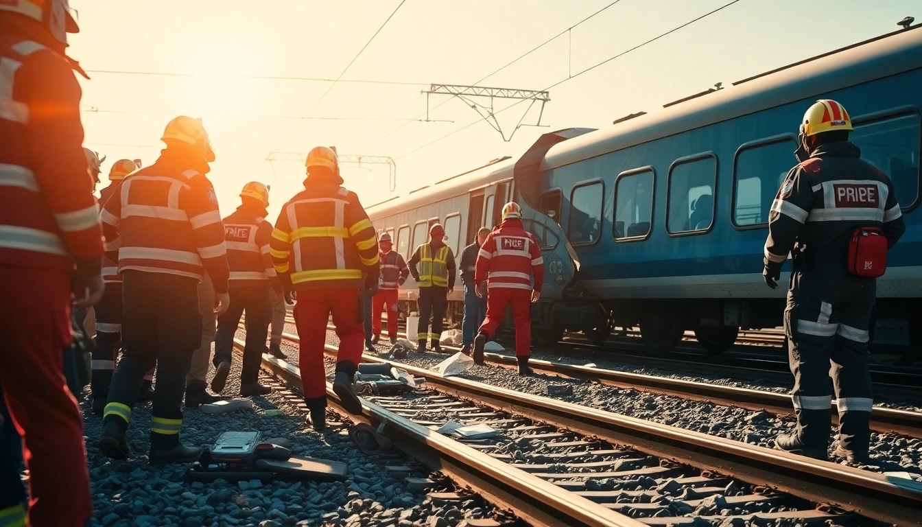 Responders work at the scene of the spain train crash, highlighting rescue efforts and damaged train.
