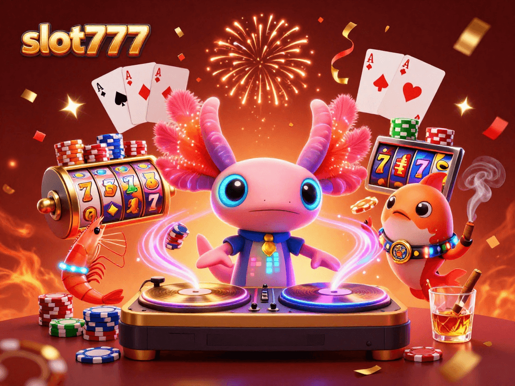 Experience winning spins at slot777 with vibrant symbols and engaging characters under neon lights.