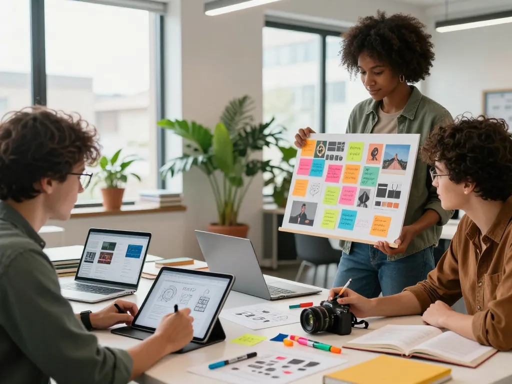 Collaboration scene showing a team generating AI image prompts, showcasing creativity in a bright office.