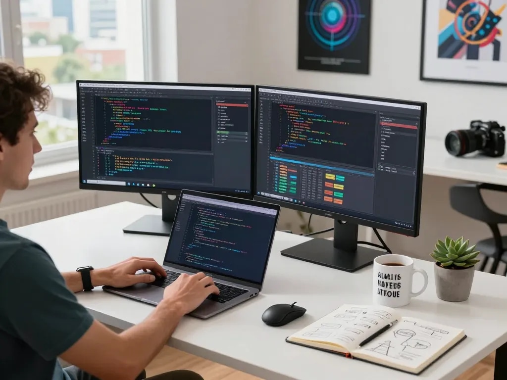 Developer collaborating on moltbot AI project in modern workspace with coding tools.