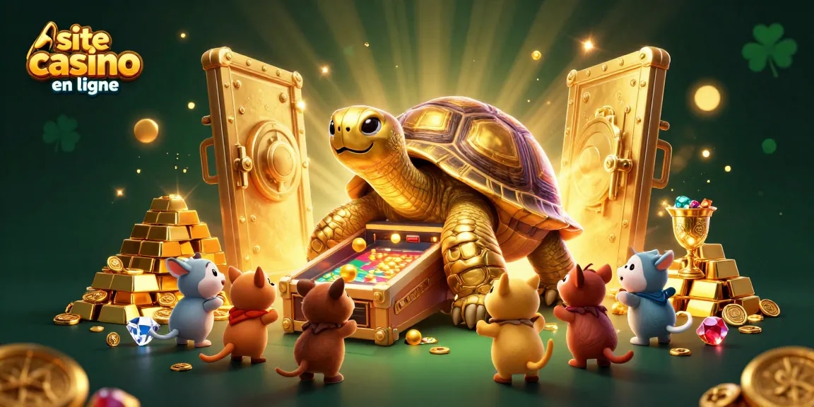 Jouer sur un site casino en ligne avec une tortue géante de pinball et des trésors étincelants.
