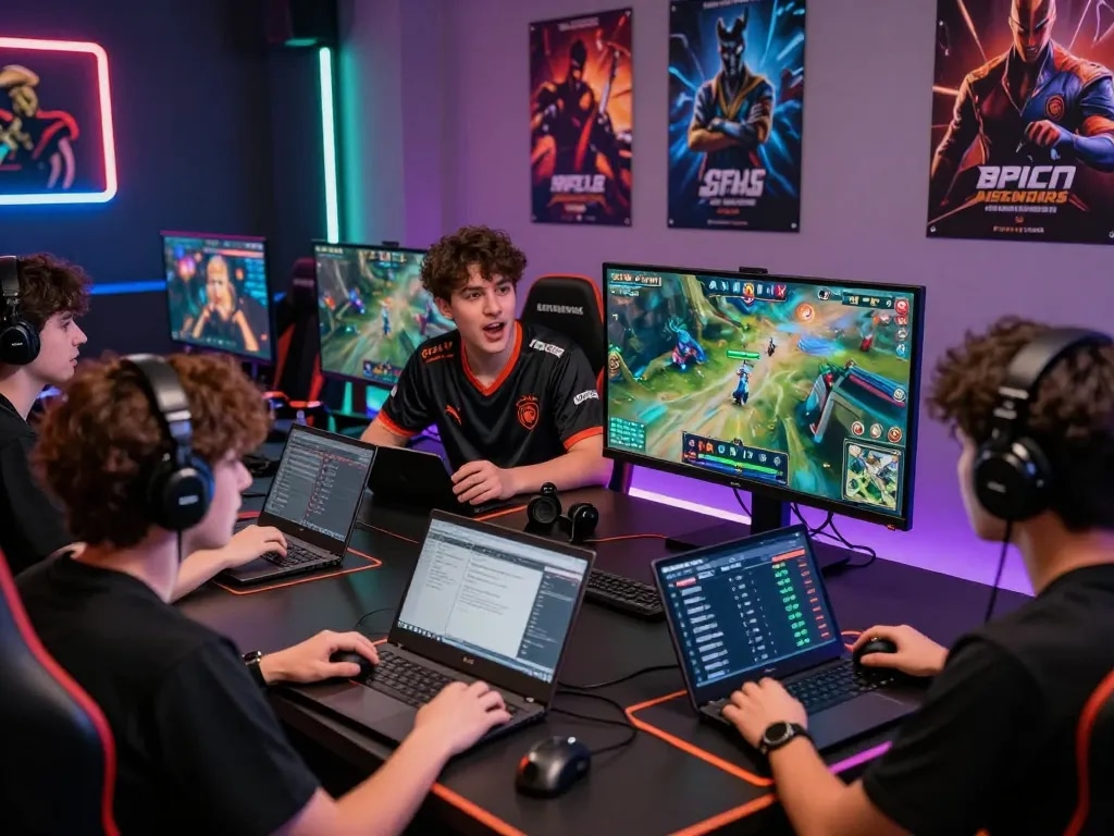 Engaged gamers in a vibrant esports hub enjoying nổ hũ hubet88 betting, showcasing excitement and camaraderie.