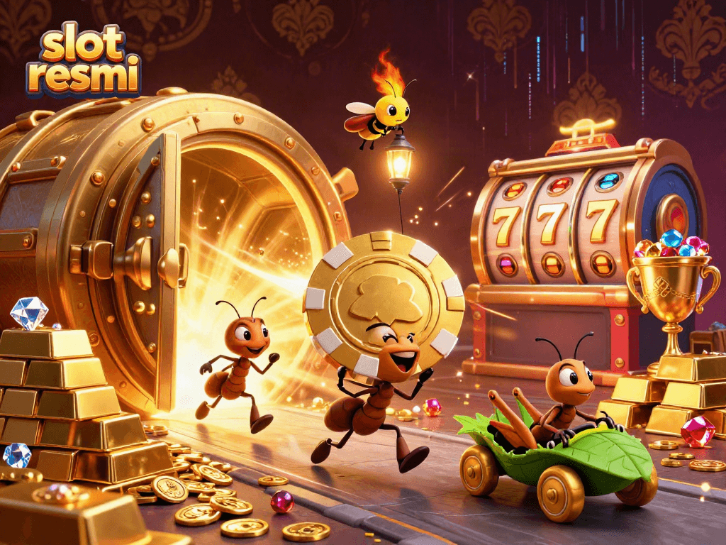 Engage with slot resmi adventures as ants carry a giant poker chip amidst dazzling treasures.