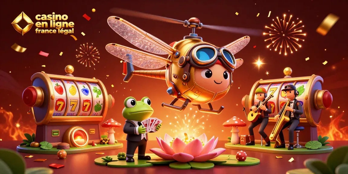 Casino en ligne France légal avec un pilote libellule et un croupier grenouille au casino.