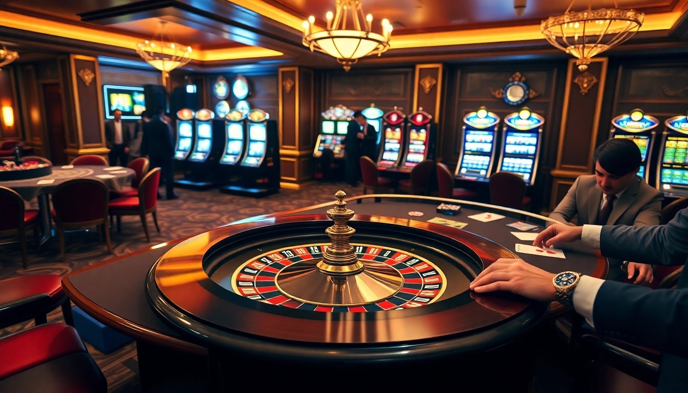 Vivez l'excitation du casino en ligne argent réel avec des joueurs à une table de roulette dans un casino luxueux.