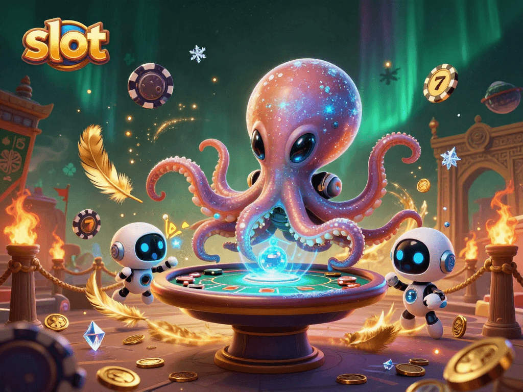 Engage with exciting slot reels and jackpot symbols amidst a vibrant 3D casino scene.