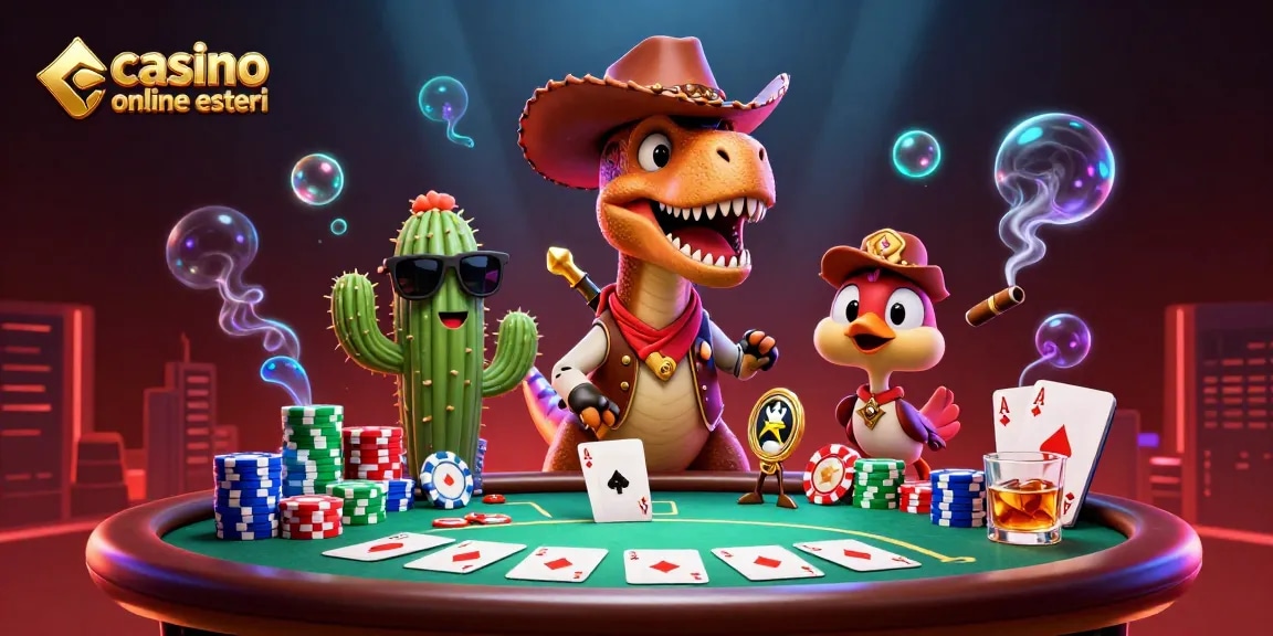 Gioca nei migliori casino online esteri con personaggi vivaci e elementi di poker in un'illustrazione accattivante.