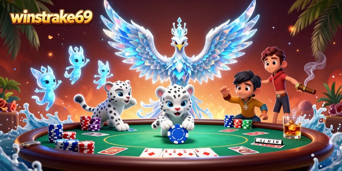 Engage with winstrike69 in a vibrant casino scene featuring a colorful ice phoenix and poker elements.