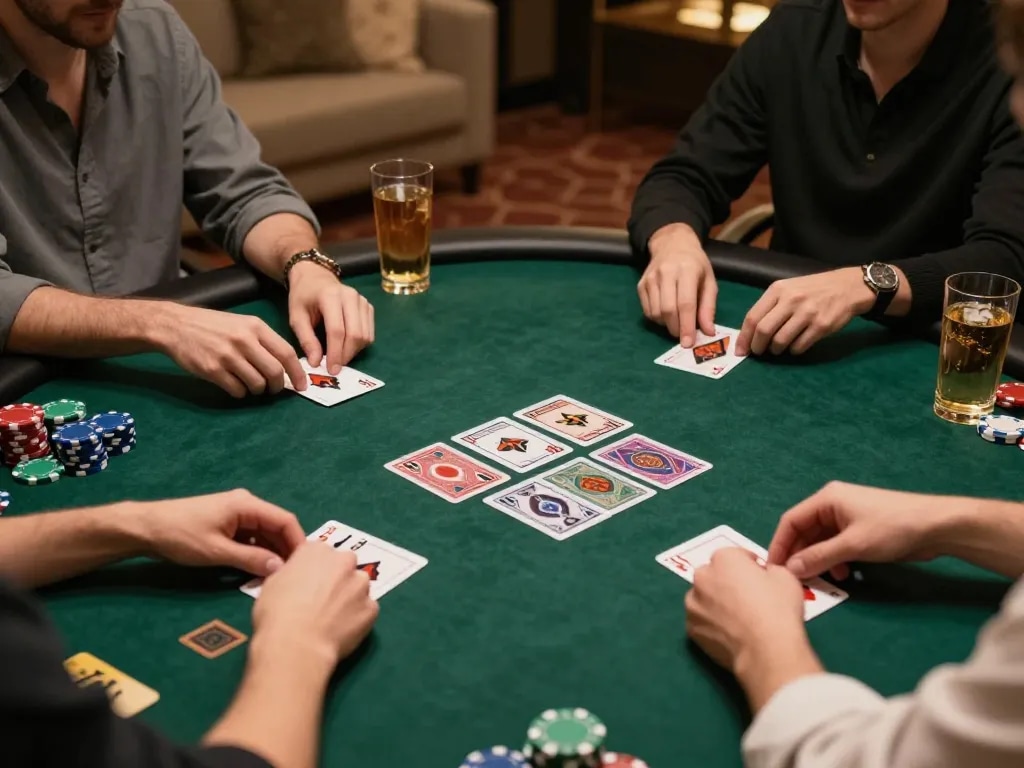 Players at X88's online casino engaging in an intense poker game with visible cards and chips.