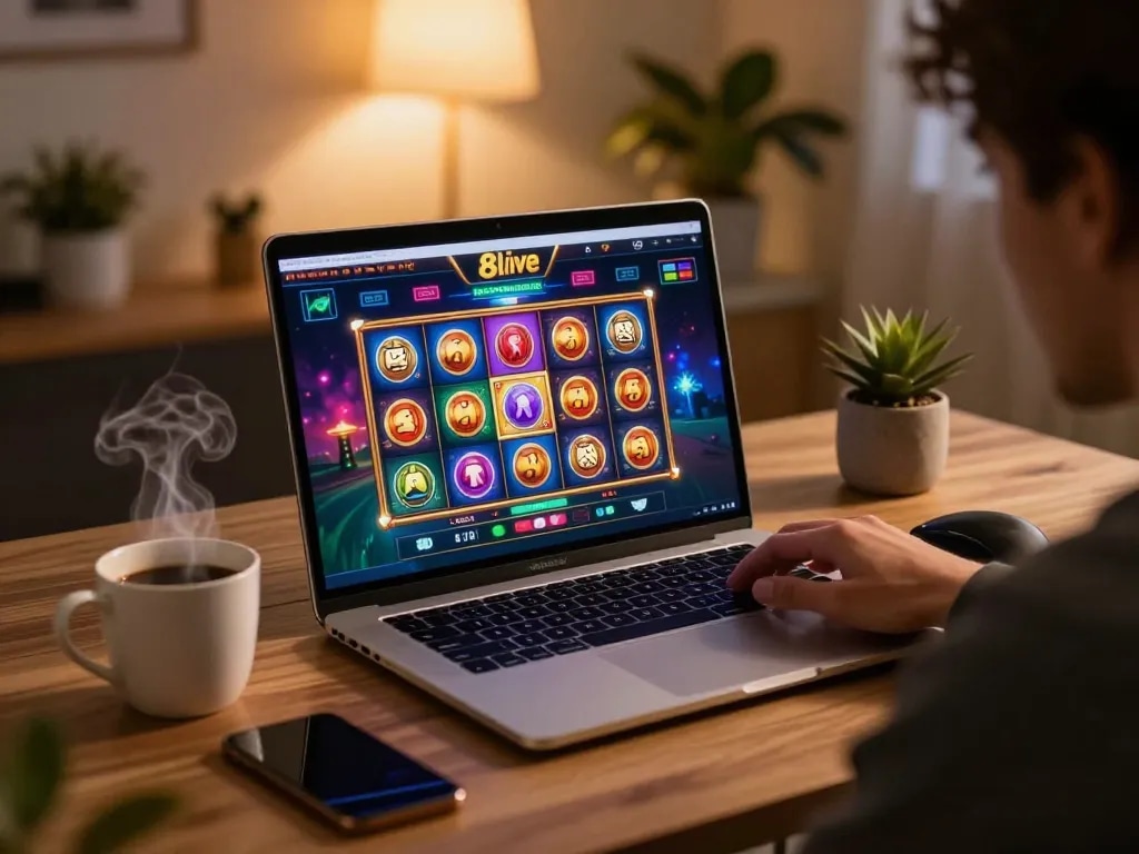 Enjoying an exciting session on the 8live online casino with vibrant slots and strategic planning.