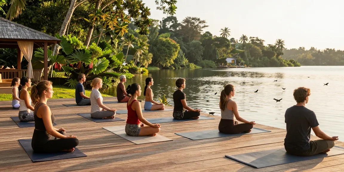 Engaging in morning meditation during a 200hr YTT Sri Lanka at a serene lakeside yoga school.